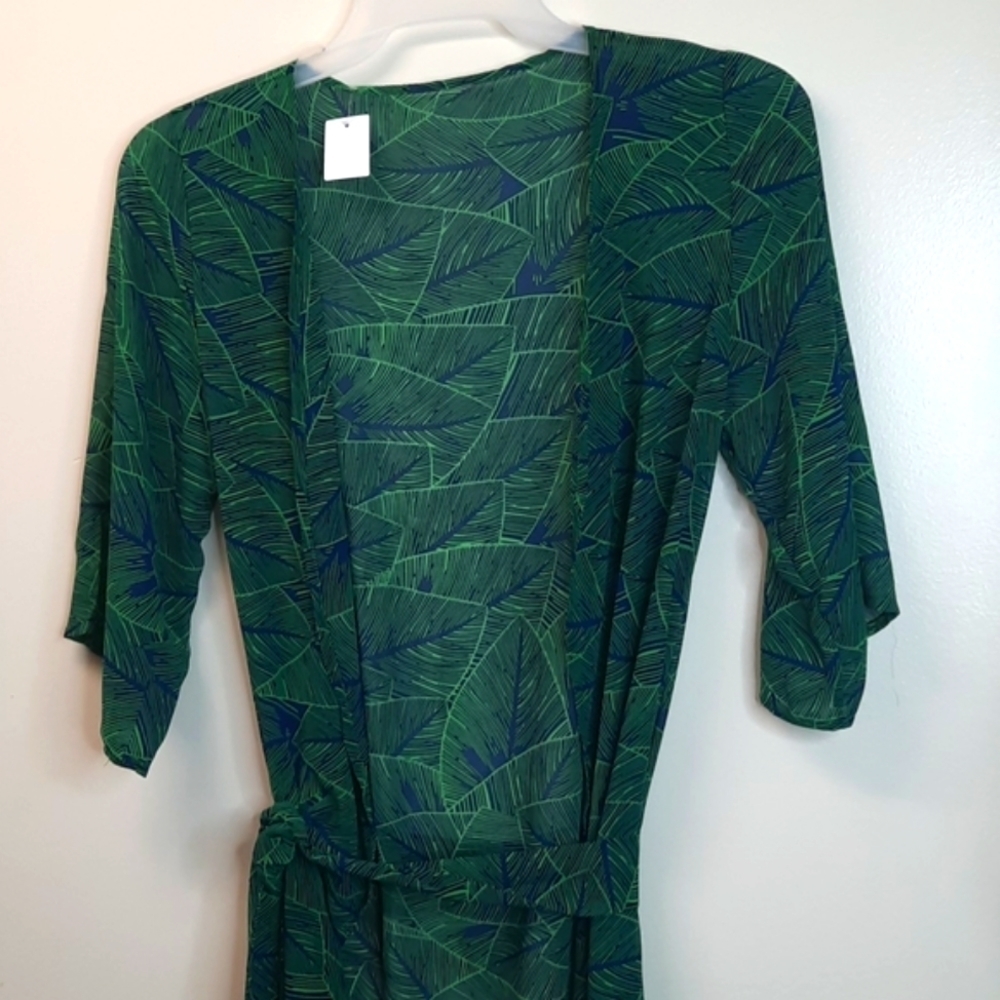 BLUE with Green leaf outline Sheer overpiece bathing suit cover up robe